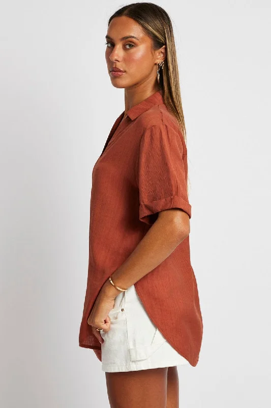 Brown Textured Shirt Short Sleeve