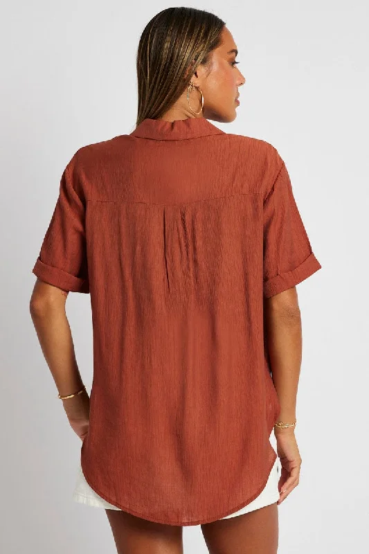 Brown Textured Shirt Short Sleeve