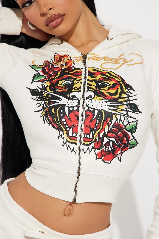 Ed Hardy Tiger Head Zip Front Hoodie - Ivory