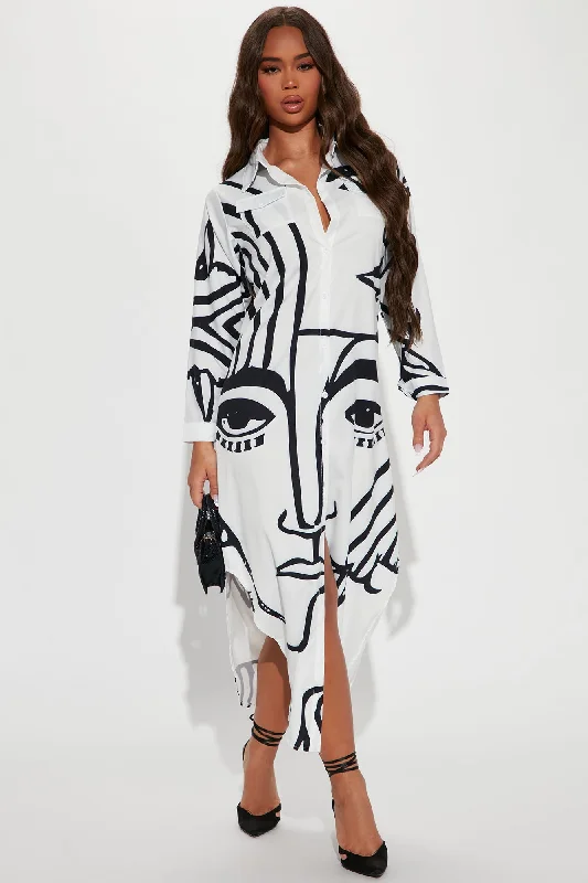 Eyes On You Midi Shirt Dress - White/Black