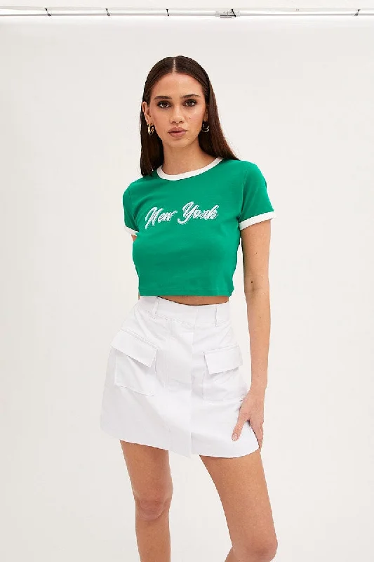 Green Baby Tee Short Sleeve Crew Neck Crop New York