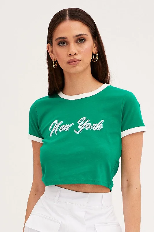 Green Baby Tee Short Sleeve Crew Neck Crop New York