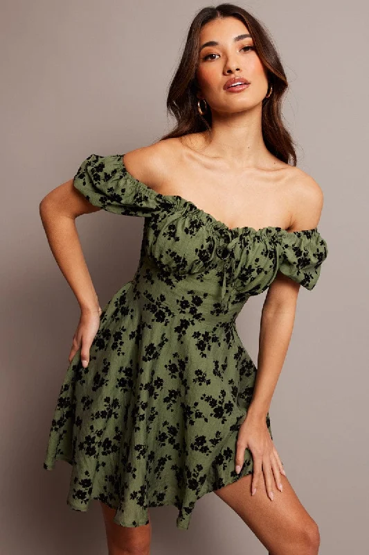 Green Ditsy Fit And Flare Dress Mini