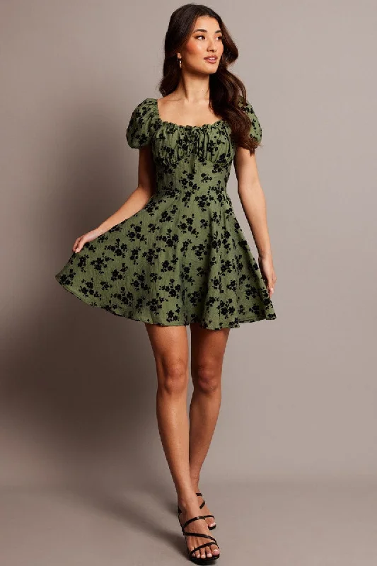 Green Ditsy Fit And Flare Dress Mini