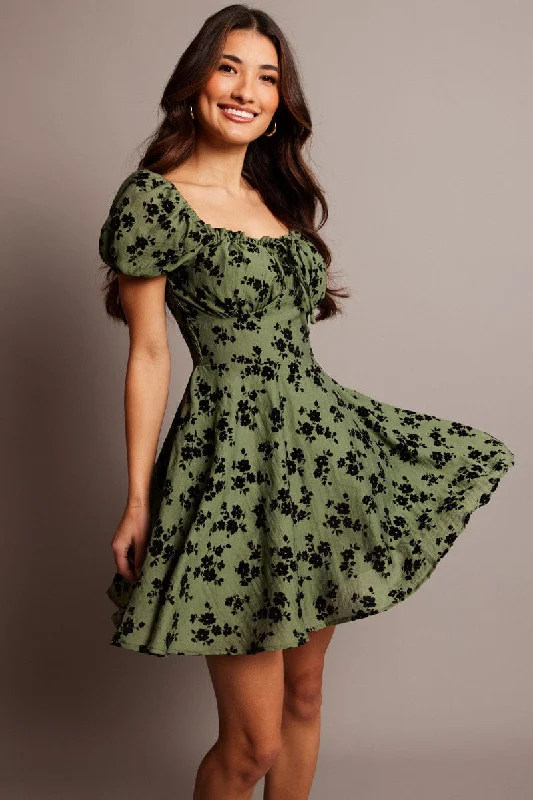 Green Ditsy Fit And Flare Dress Mini