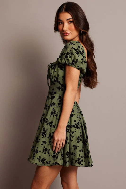 Green Ditsy Fit And Flare Dress Mini