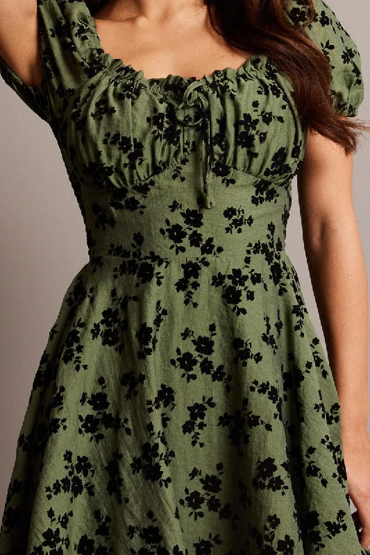 Green Ditsy Fit And Flare Dress Mini