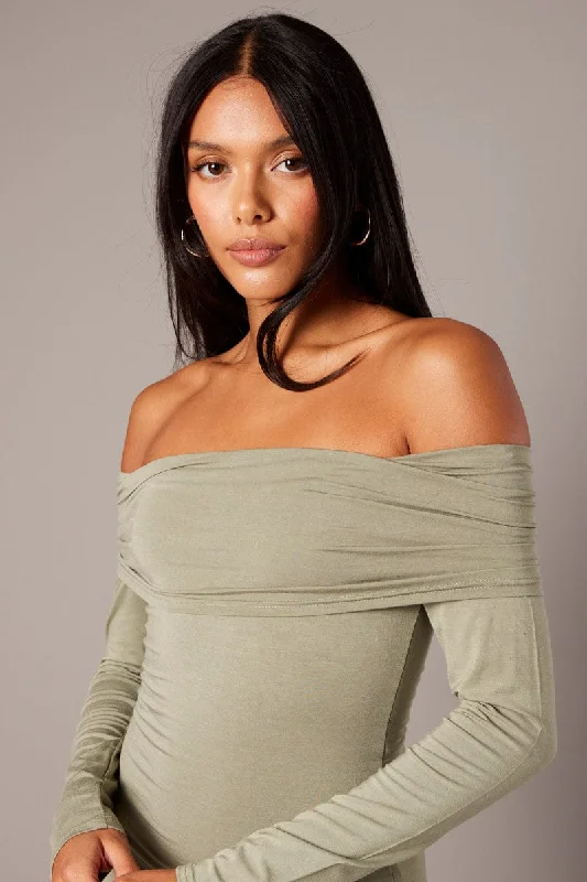 Green Off Shoulder Dress Long Sleeve Maxi