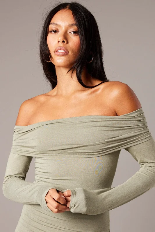 Green Off Shoulder Dress Long Sleeve Maxi