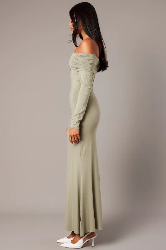 Green Off Shoulder Dress Long Sleeve Maxi