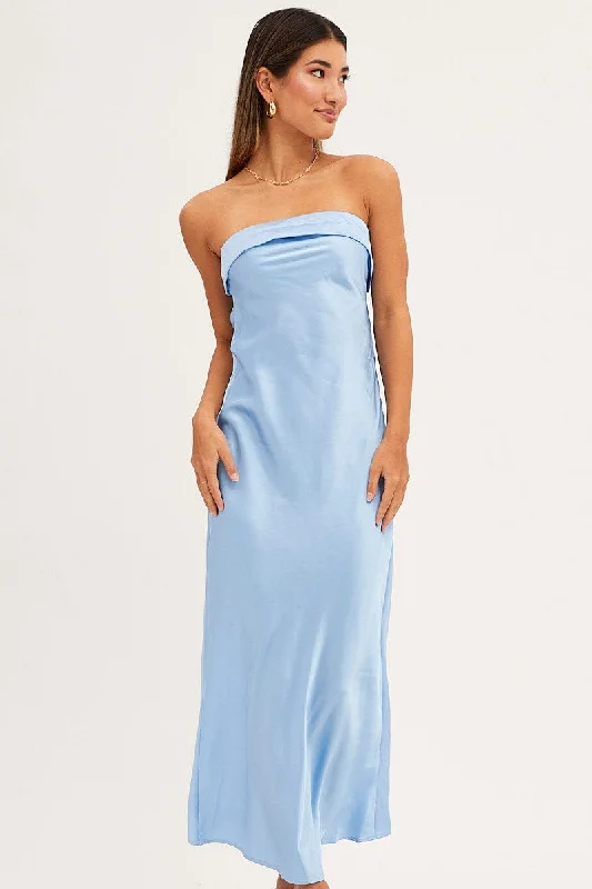 Blue Satin Dress Maxi Strapless