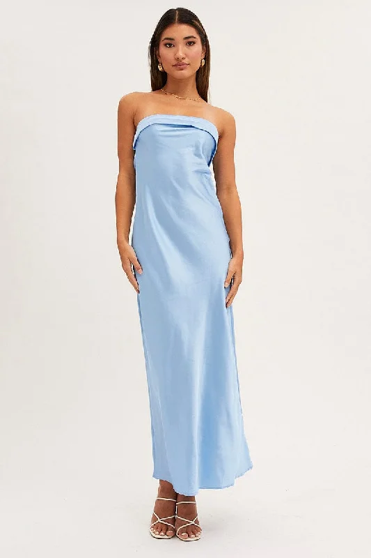 Blue Satin Dress Maxi Strapless