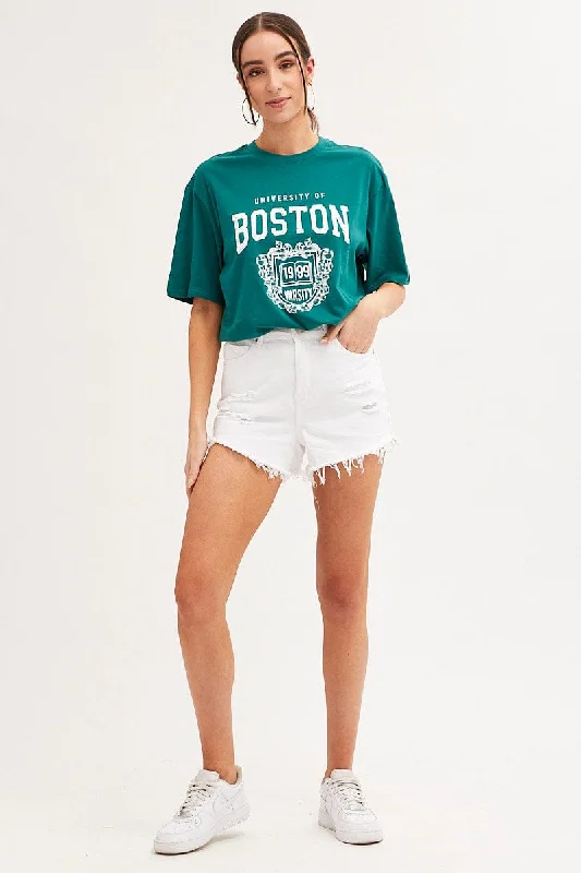 Green T Shirt Short Sleeve Crew Neck Boston Cotton