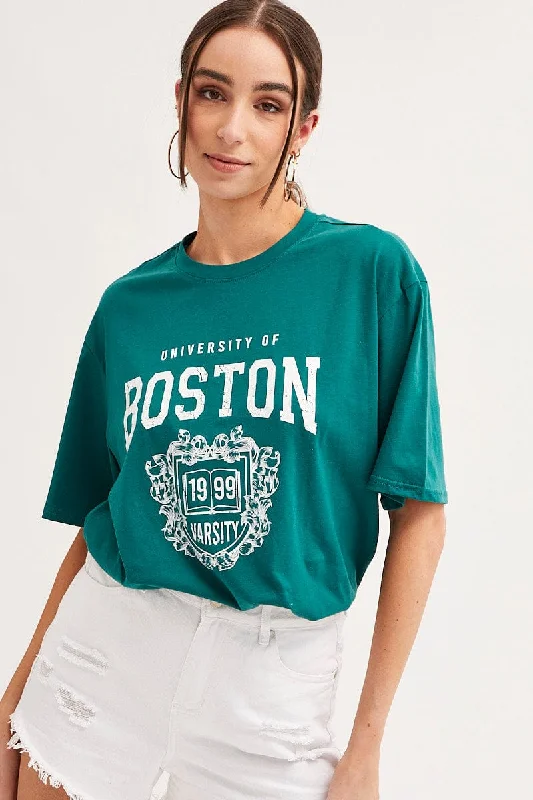 Green T Shirt Short Sleeve Crew Neck Boston Cotton