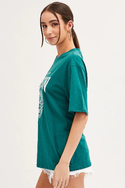 Green T Shirt Short Sleeve Crew Neck Boston Cotton