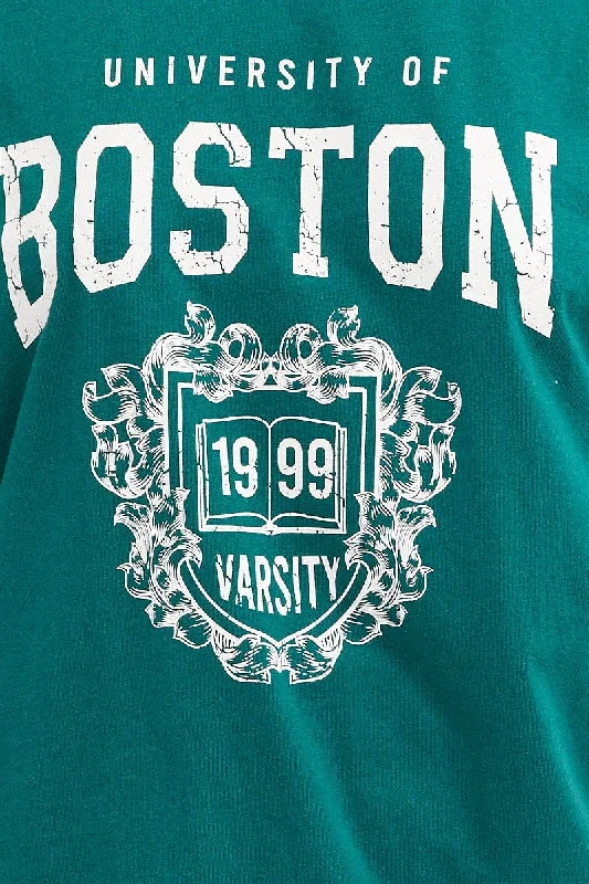 Green T Shirt Short Sleeve Crew Neck Boston Cotton