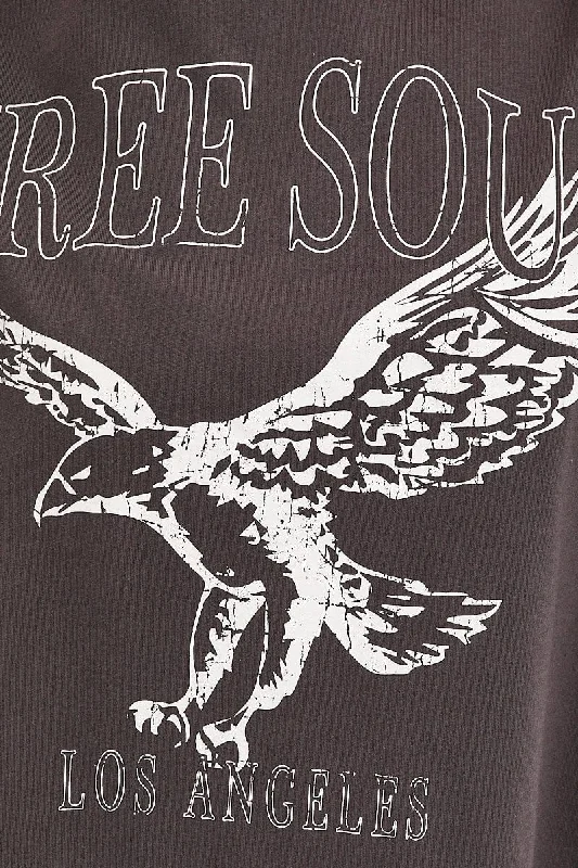 Grey T Shirt Short Sleeve Crew Neck Eagle Cotton