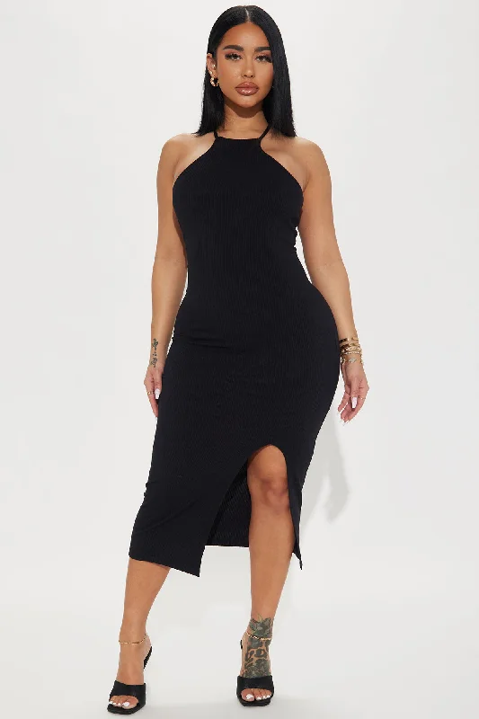 Jill Ribbed Midi Dress - Black