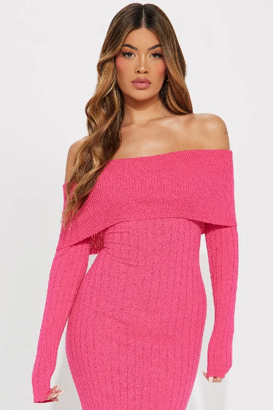 Kassy Off Shoulder Midi Dress - Hot Pink