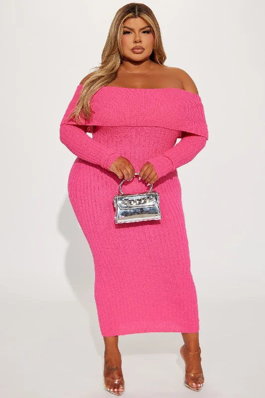 Kassy Off Shoulder Midi Dress - Hot Pink