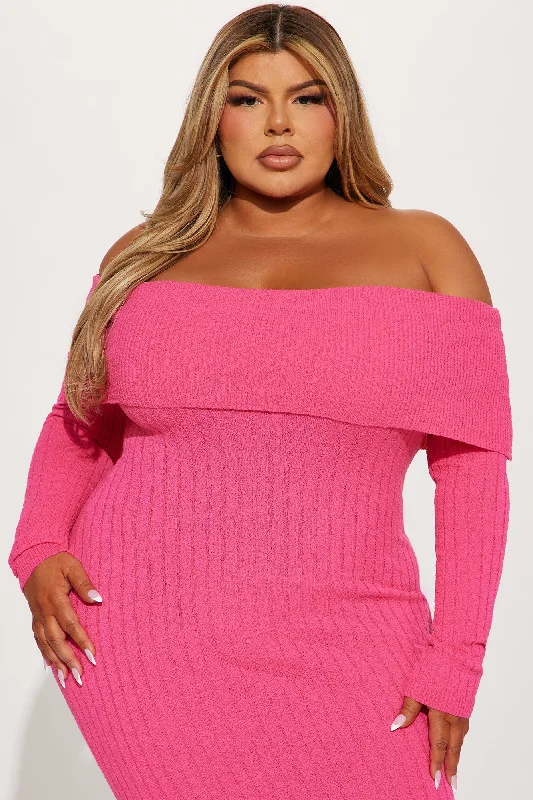 Kassy Off Shoulder Midi Dress - Hot Pink