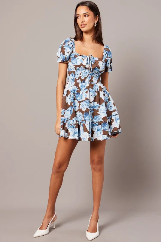 Multi Floral Fit And Flare Dress Puff Sleeve Mini Floral print