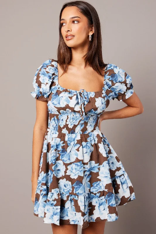 Multi Floral Fit And Flare Dress Puff Sleeve Mini Floral print