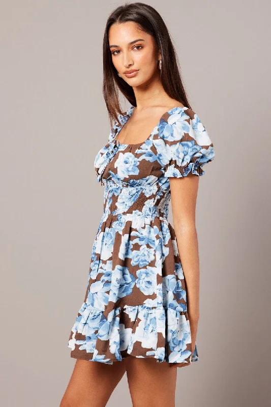 Multi Floral Fit And Flare Dress Puff Sleeve Mini Floral print