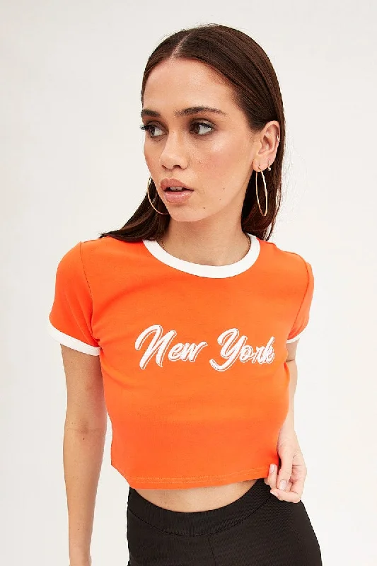 Orange Baby Tee Short Sleeve Crew Neck Crop New York