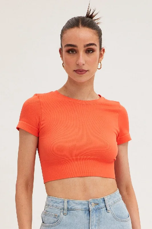 Orange T Shirt Short Sleeve Crew Neck Seamless