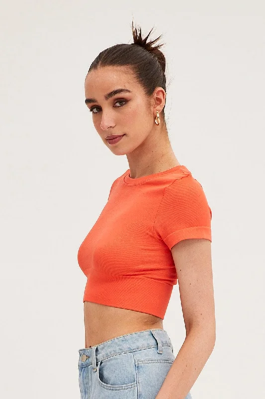 Orange T Shirt Short Sleeve Crew Neck Seamless