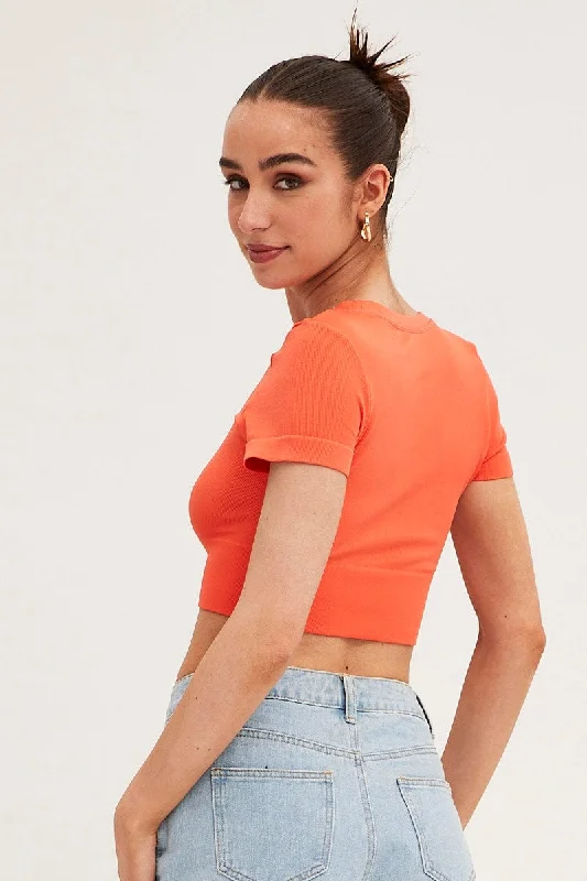 Orange T Shirt Short Sleeve Crew Neck Seamless