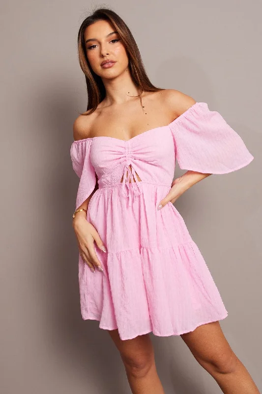 Pink Fit And Flare Dress Short Sleeve Mini