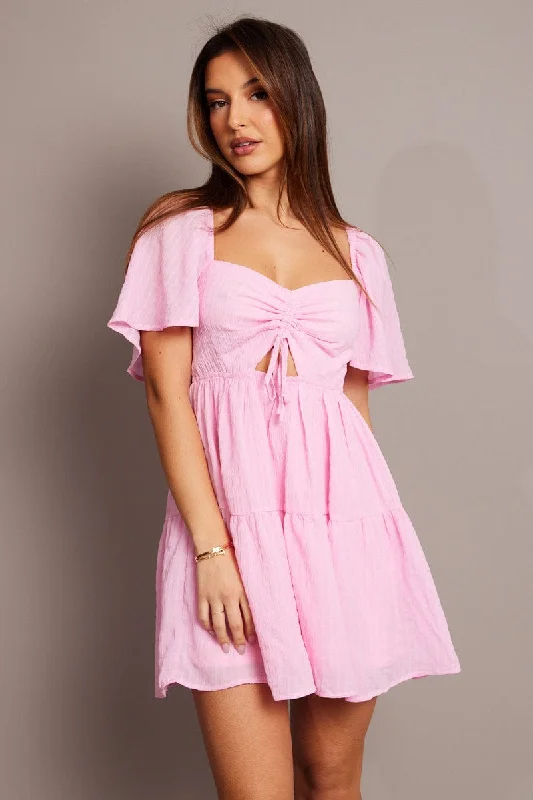 Pink Fit And Flare Dress Short Sleeve Mini