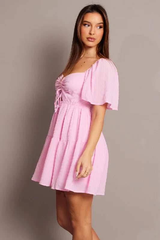 Pink Fit And Flare Dress Short Sleeve Mini