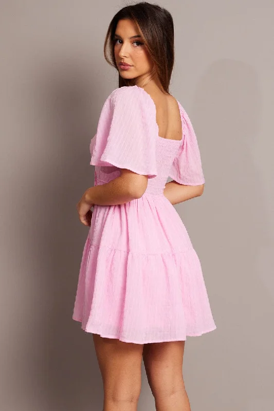 Pink Fit And Flare Dress Short Sleeve Mini