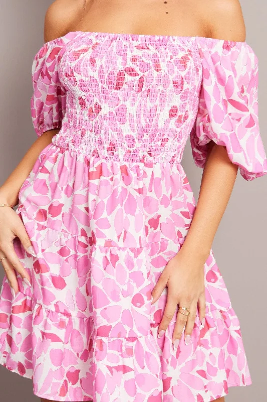 Pink Floral Fit And Flare Dress Puff Sleeve