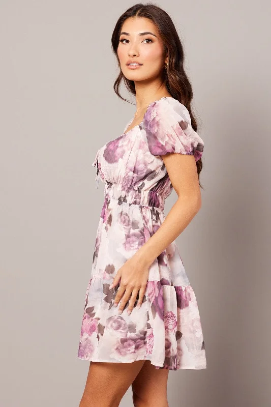 Pink Floral Fit And Flare Dress Puff Sleeve Mini