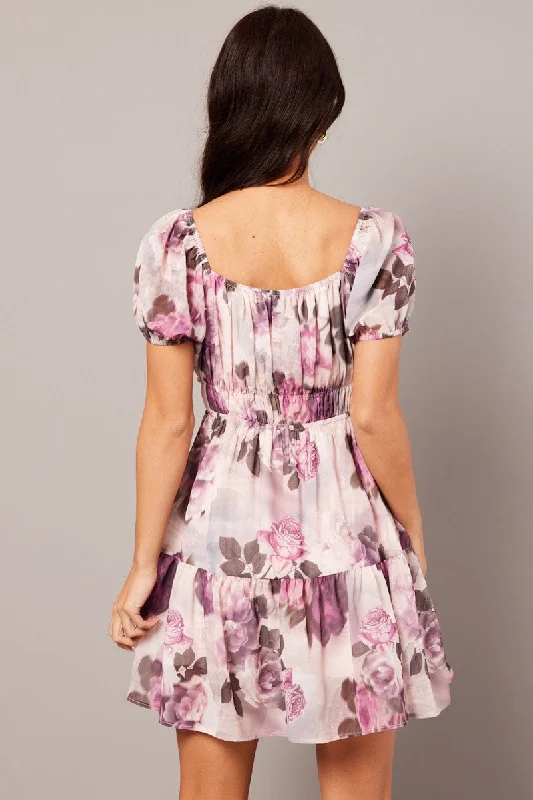 Pink Floral Fit And Flare Dress Puff Sleeve Mini