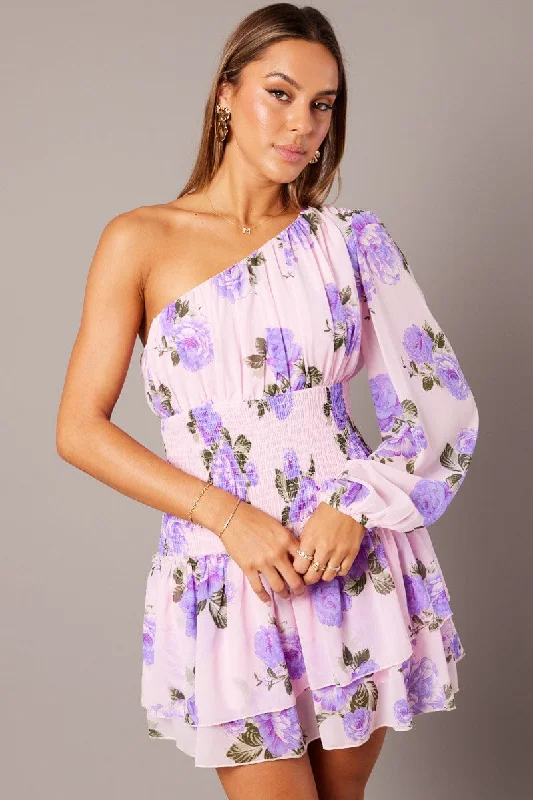 Pink Floral One Shoulder Balloon Sleeve Layered Skater Dress