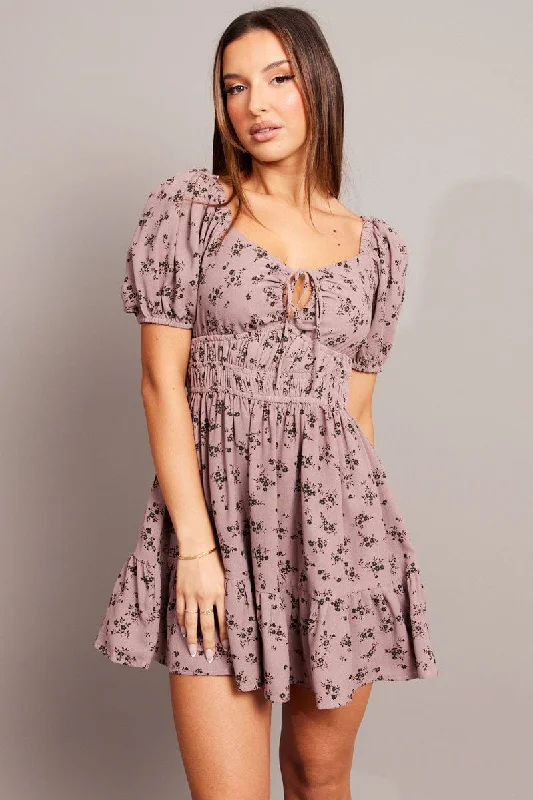 Purple Ditsy Fit And Flare Dress Puff Sleeve Mini