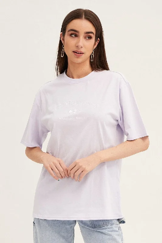 Purple Embroidered Crew Neck Oversized Tee