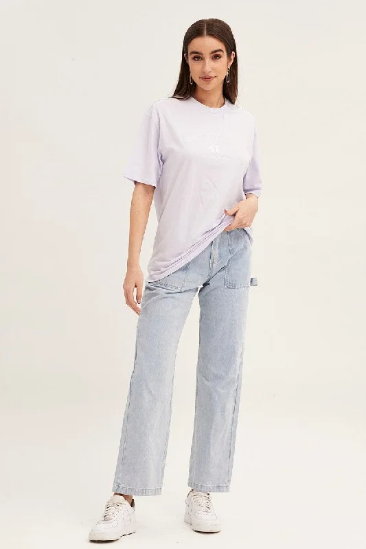 Purple Embroidered Crew Neck Oversized Tee