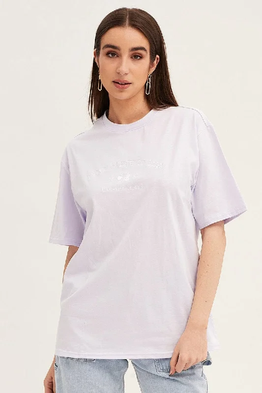 Purple Embroidered Crew Neck Oversized Tee