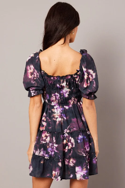 Purple Floral Fit And Flare Dress Puff Sleeve Mini