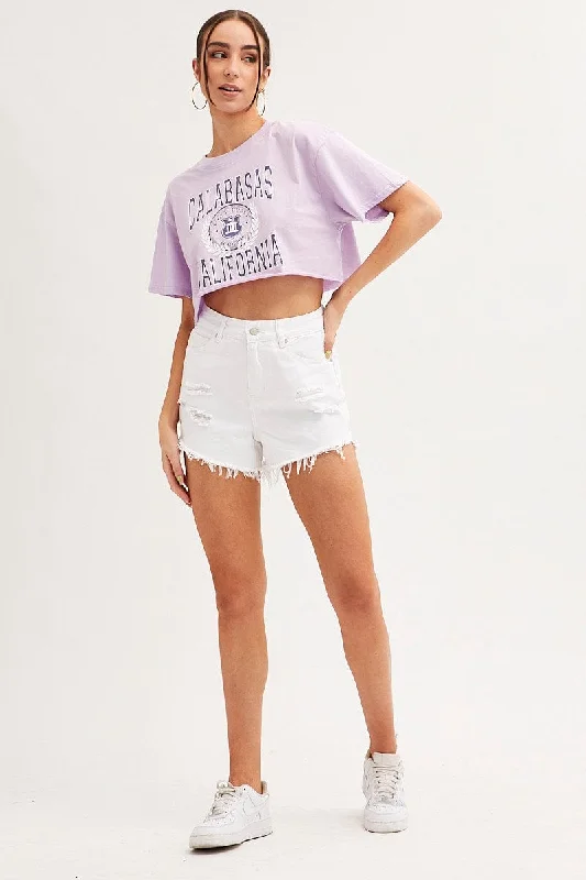 Purple Graphic T Shirt Crop Short Sleeve Round Neck