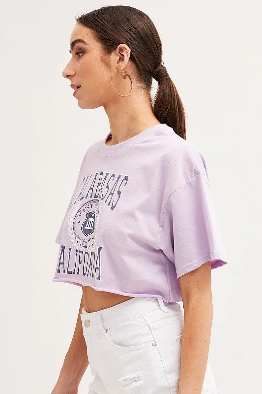 Purple Graphic T Shirt Crop Short Sleeve Round Neck