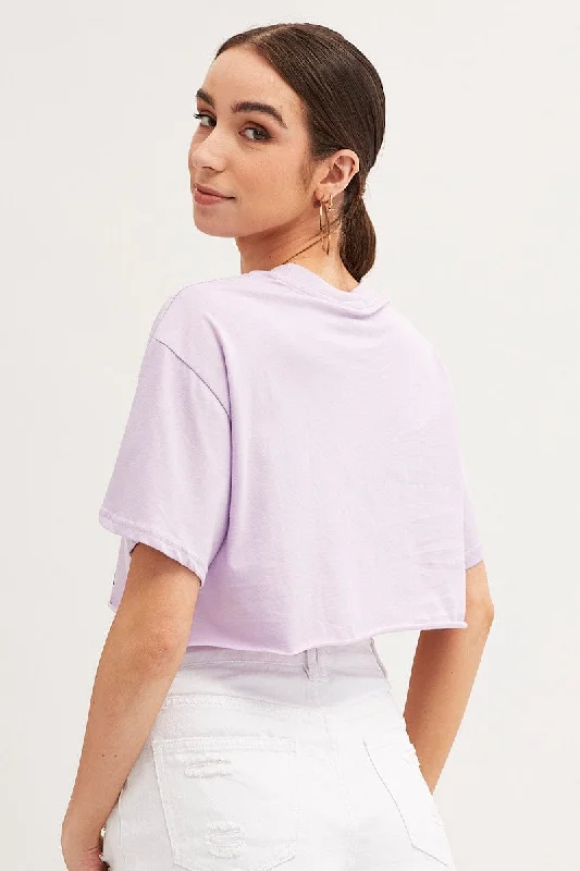 Purple Graphic T Shirt Crop Short Sleeve Round Neck