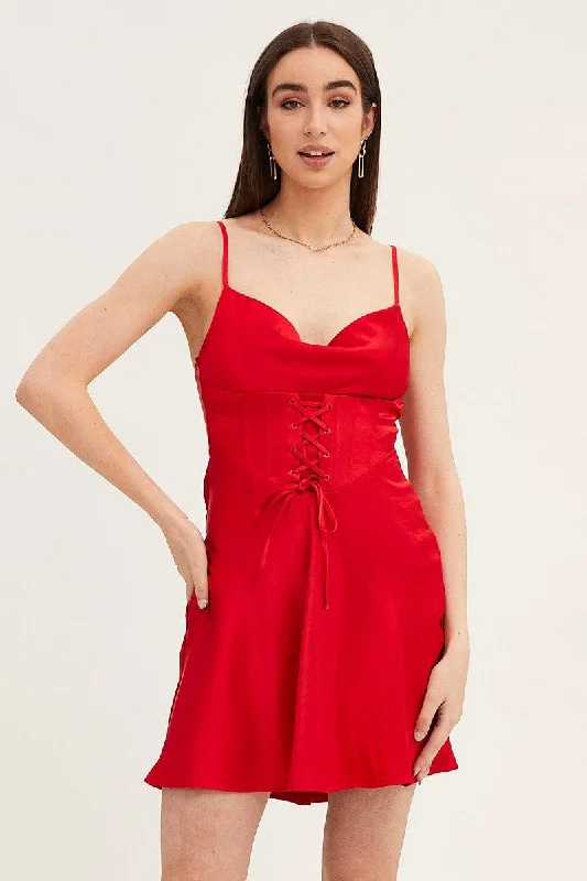 Red Mini Dress Sleeveless Cowl Neck Corset Waist Satin