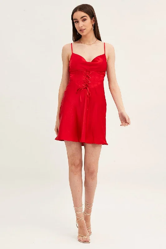 Red Mini Dress Sleeveless Cowl Neck Corset Waist Satin